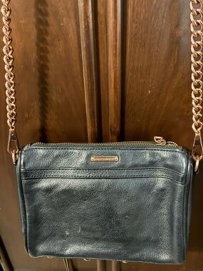 Rebecca Minkoff Black Leather Crossbody with rose gold Chain